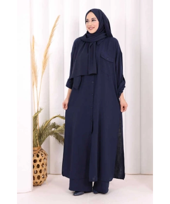 Keten Düğmeli Tunik Pantolon Takım 8015 Lacivert