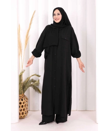 Keten Düğmeli Tunik Pantolon Takım 8015 Siyah