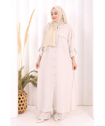 Keten Düğmeli Tunik Pantolon Takım 8015 Taş