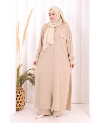 Keten Düğmeli Tunik Pantolon Takım 8015 Vizon