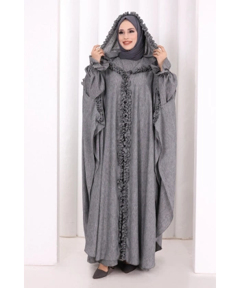 Keten Pelerinli Elbise Abaya Takım 8021 Antrasit