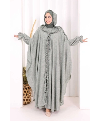 Keten Pelerinli Elbise Abaya Takım 8021 Mint
