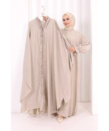 Keten Pelerinli Elbise Abaya Takım 8021 Vizon