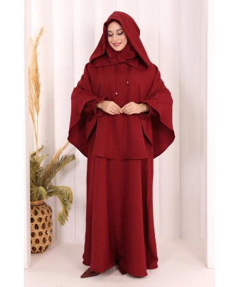 Keten Sufleli Elbise Takım 6067 Bordo