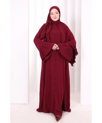 Kol Fırfır Detay Elbise Şal Hediye! 6073 Bordo