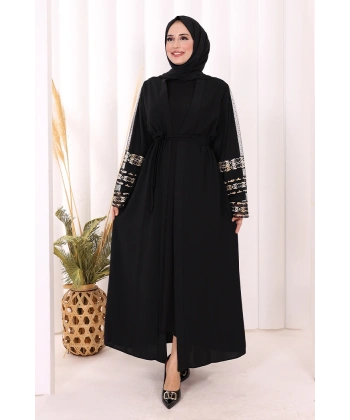 Kol İşlemeli Bel Kuşaklı Abaya 7814 Siyah