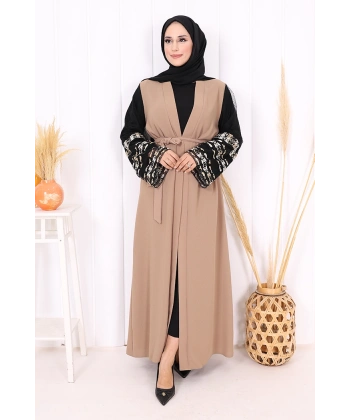 Kol İşlemeli Bel Kuşaklı Abaya 7814 Vizon