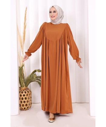 Kol Manşetleri Büzgülü Elbise 6004 Taba