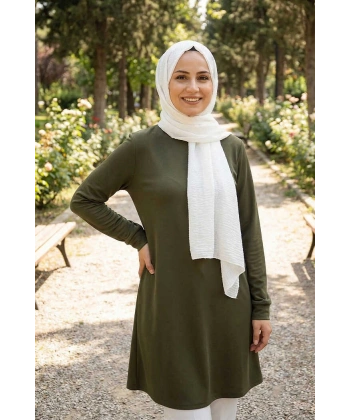 Kol Manşetleri Düğmeli Bisiklet Yaka Uzun Tunik 2649 Haki