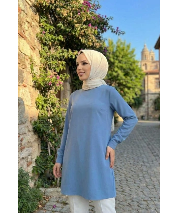 Kol Manşetleri Düğmeli Bisiklet Yaka Uzun Tunik 2649 İndigo