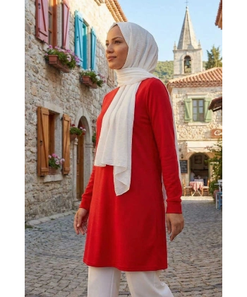 Kol Manşetleri Düğmeli Bisiklet Yaka Uzun Tunik 2649 Kırmızı
