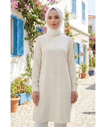 Kol Manşetleri Düğmeli Bisiklet Yaka Uzun Tunik 2649 Taş