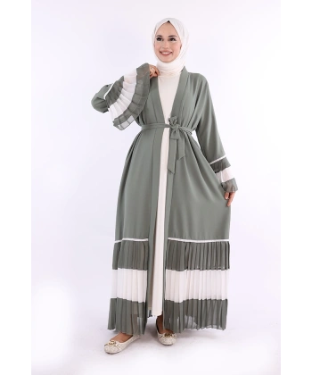 Kol ve Etek Ucu İki Renkli Bel Kuşaklı Piliseli Abaya 7454 Mint