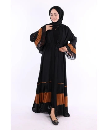 Kol ve Etek Ucu İki Renkli Bel Kuşaklı Piliseli Abaya 7454 Siyah-Taba