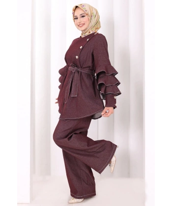 Koldan Fırfır Detay İkili Takım 8025 Bordo