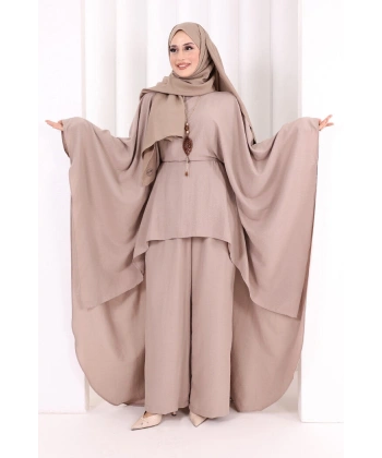Kolyeli Tunik Pantolon Takım 8026 Vizon