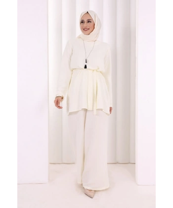 Kolyeli Tunik Pantolon Takım 8027 Ekru