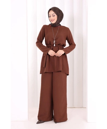 Kolyeli Tunik Pantolon Takım 8027 Kahverengi