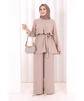 Kolyeli Tunik Pantolon Takım 8027 Vizon