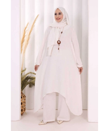 Kolyeli Tunik Pantolon Takım ŞAL HEDİYE! 8020 Ekru