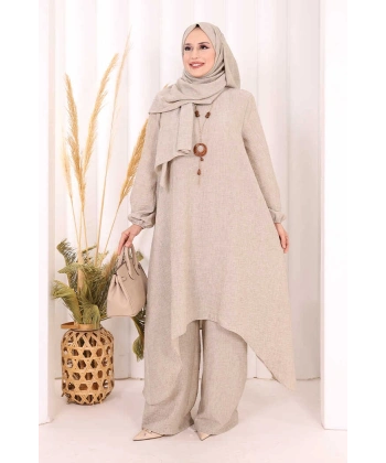 Kolyeli Tunik Pantolon Takım ŞAL HEDİYE! 8020 Vizon