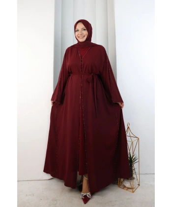 Kristal Taşlı Şallı Abaya 9205 Bordo