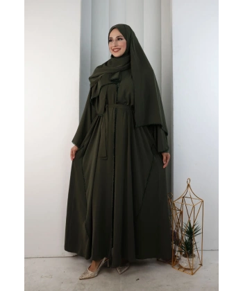 Kristal Taşlı Şallı Abaya 9205 Haki