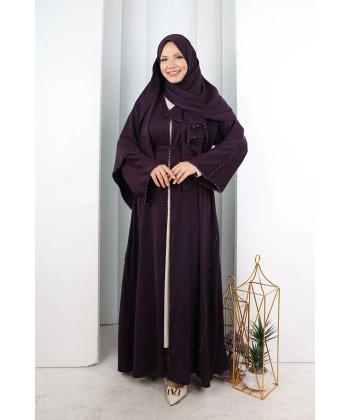 Kristal Taşlı Şallı Abaya 9205 Mor