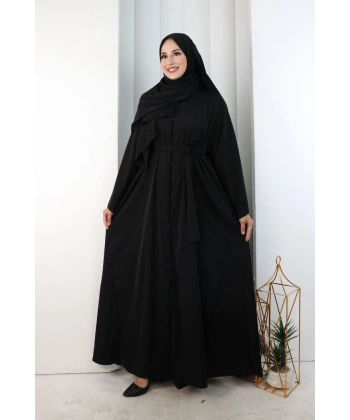 Kristal Taşlı Şallı Abaya 9205 Siyah