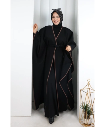 Kuşaklı Geniş Kol Kaşe Panço 70038 Siyah