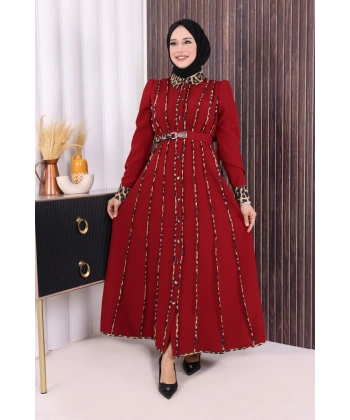Leopar Biyeli Kemerli Elbise 3930 Bordo