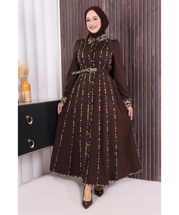 Leopar Biyeli Kemerli Elbise 3930 Kahverengi