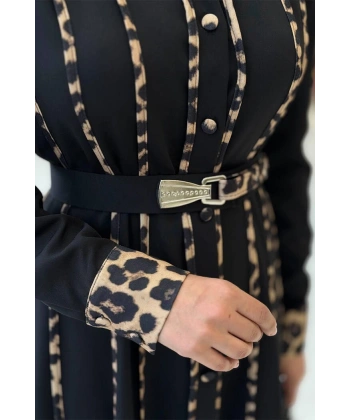 Leopar Biyeli Kemerli Elbise 3930 Siyah