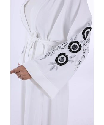 Nakış İşleme Detaylı Bel Kuşaklı Abaya 7898 Ekru