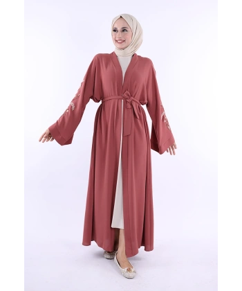 Nakış İşleme Detaylı Bel Kuşaklı Abaya 7898 Gül Kurusu