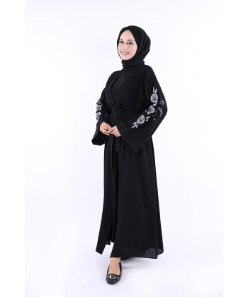 Nakış İşleme Detaylı Bel Kuşaklı Abaya 7898 Siyah