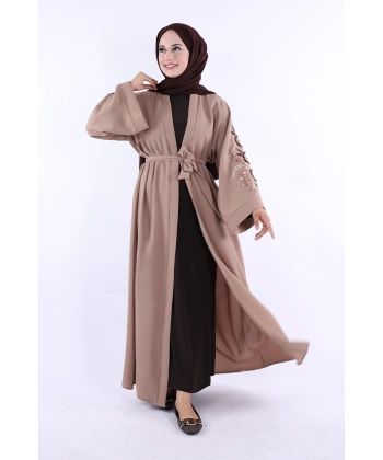 Nakış İşleme Detaylı Bel Kuşaklı Abaya 7898 Vizon
