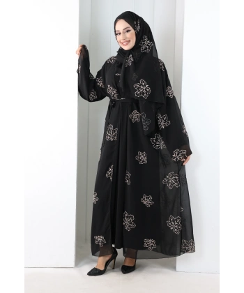 Nakışlı Şifon Şallı Abaya 2006 Siyah-Gold