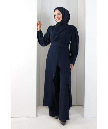Omuz Büzgü Detaylı Tunik Takım 8709 Lacivert