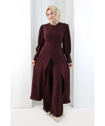 Omuz Büzgü Detaylı Tunik Takım 8709 Mürdüm