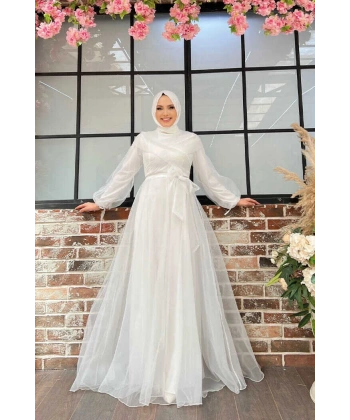 Omuz Şerit Detay Bel Bağlamalı Tül Abiye Elbise 3964 Ekru