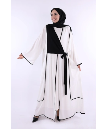 Önden Bağlama Detaylı Abaya 70005 Ekru