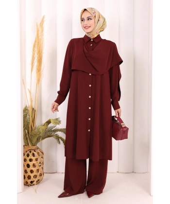 Önü Şal Detaylı Tunik Pantolon Takım 8018 Bordo
