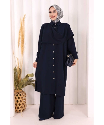 Önü Şal Detaylı Tunik Pantolon Takım 8018 Lacivert