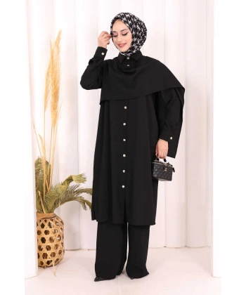 Önü Şal Detaylı Tunik Pantolon Takım 8018 Siyah