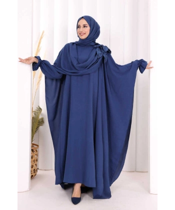 Pamuk Çiçek Detaylı Elbise Abaya ŞAL HEDİYE  8009 Lacivert