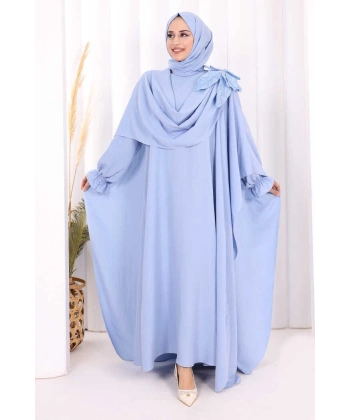 Pamuk Çiçek Detaylı Elbise Abaya ŞAL HEDİYE  8009 Mavi
