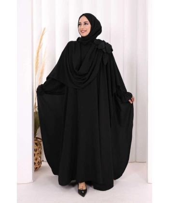 Pamuk Çiçek Detaylı Elbise Abaya ŞAL HEDİYE  8009 Siyah
