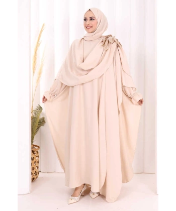 Pamuk Çiçek Detaylı Elbise Abaya ŞAL HEDİYE  8009 Taş
