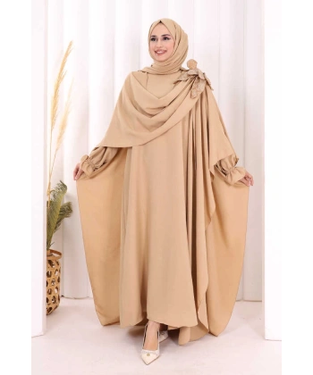 Pamuk Çiçek Detaylı Elbise Abaya ŞAL HEDİYE  8009 Vizon